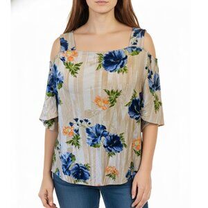 JM Collection Blue Orange Hibiscus Floral Cold Shoulder Top Boho Vacation XL
